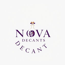 A logo design for a fragrance brand featuring the words 'Nova Decants' elegantly arranged around the logo