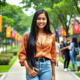 A beautiful Indonesian university student with large breasts, showcasing a playful and flirtatious expression