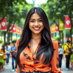 A beautiful Indonesian university student with large breasts, showcasing a playful and flirtatious expression