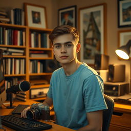 A young man sitting at a desk in a cozy, warmly lit studio room, wearing a simple light blue T-shirt, with short, neatly styled hair