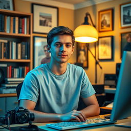 A young man sitting at a desk in a cozy, warmly lit studio room, wearing a simple light blue T-shirt, with short, neatly styled hair