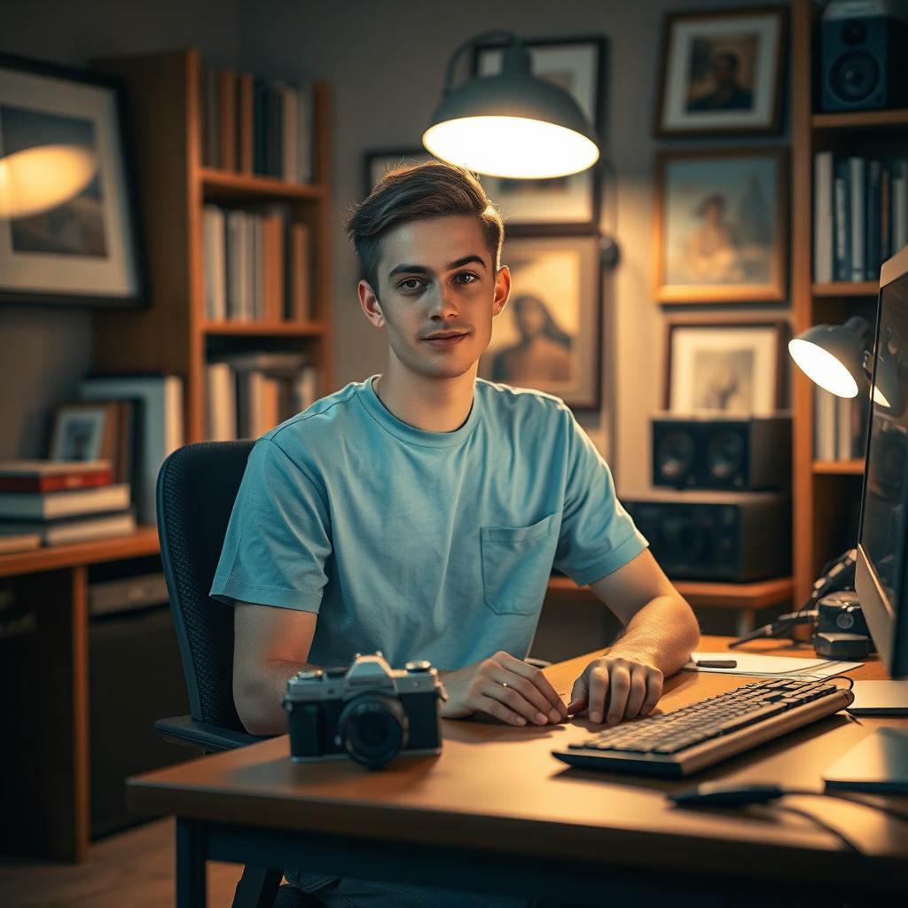 A young man sitting at a desk in a cozy, warmly lit studio room, wearing a simple light blue T-shirt, with short, neatly styled hair