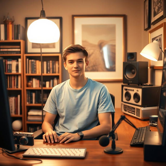 A young man sitting at a desk in a cozy, warmly lit studio room, wearing a simple light blue T-shirt, with short, neatly styled hair