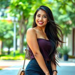 A beautiful Indonesian university student with a voluptuous figure, exuding playfulness and charm