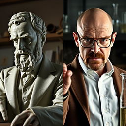 A split-screen image featuring two distinct characters: on the left, a classic representation of Walter Rodin, capturing his essence with an air of sophistication and artistry, perhaps in his studio surrounded by sculpting tools; on the right, Walter White from the TV series Breaking Bad, showcasing his iconic bald head and glasses, standing in a dramatic pose with a chemistry set in the background, giving a sense of tension and intellect