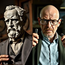 A split-screen image featuring two distinct characters: on the left, a classic representation of Walter Rodin, capturing his essence with an air of sophistication and artistry, perhaps in his studio surrounded by sculpting tools; on the right, Walter White from the TV series Breaking Bad, showcasing his iconic bald head and glasses, standing in a dramatic pose with a chemistry set in the background, giving a sense of tension and intellect