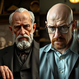 A split-screen image featuring two distinct characters: on the left, a classic representation of Walter Rodin, capturing his essence with an air of sophistication and artistry, perhaps in his studio surrounded by sculpting tools; on the right, Walter White from the TV series Breaking Bad, showcasing his iconic bald head and glasses, standing in a dramatic pose with a chemistry set in the background, giving a sense of tension and intellect