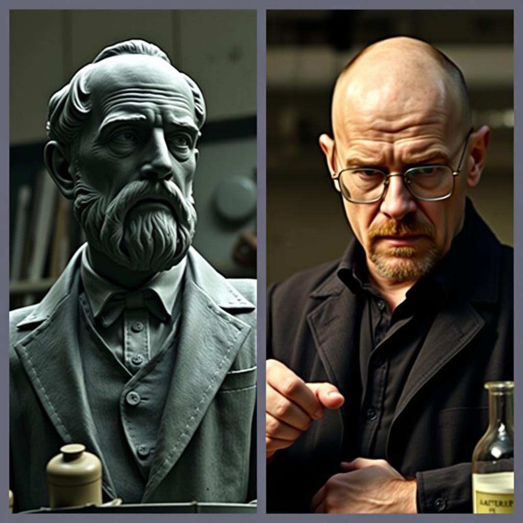 A split-screen image featuring two distinct characters: on the left, a classic representation of Walter Rodin, capturing his essence with an air of sophistication and artistry, perhaps in his studio surrounded by sculpting tools; on the right, Walter White from the TV series Breaking Bad, showcasing his iconic bald head and glasses, standing in a dramatic pose with a chemistry set in the background, giving a sense of tension and intellect