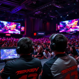 An intense scene from a Tekken 8 gaming tournament, showcasing a large crowd cheering in an arena with vibrant LED screens displaying the game, two skilled players focused on their screens, engaged in a competitive match
