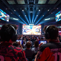 An intense scene from a Tekken 8 gaming tournament, showcasing a large crowd cheering in an arena with vibrant LED screens displaying the game, two skilled players focused on their screens, engaged in a competitive match