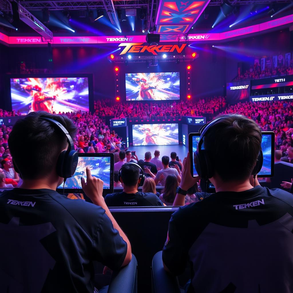 An intense scene from a Tekken 8 gaming tournament, showcasing a large crowd cheering in an arena with vibrant LED screens displaying the game, two skilled players focused on their screens, engaged in a competitive match