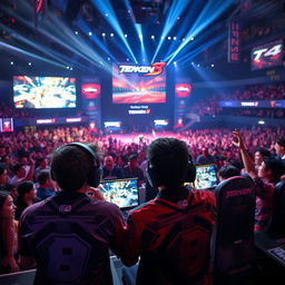 An intense scene from a Tekken 8 gaming tournament, showcasing a large crowd cheering in an arena with vibrant LED screens displaying the game, two skilled players focused on their screens, engaged in a competitive match