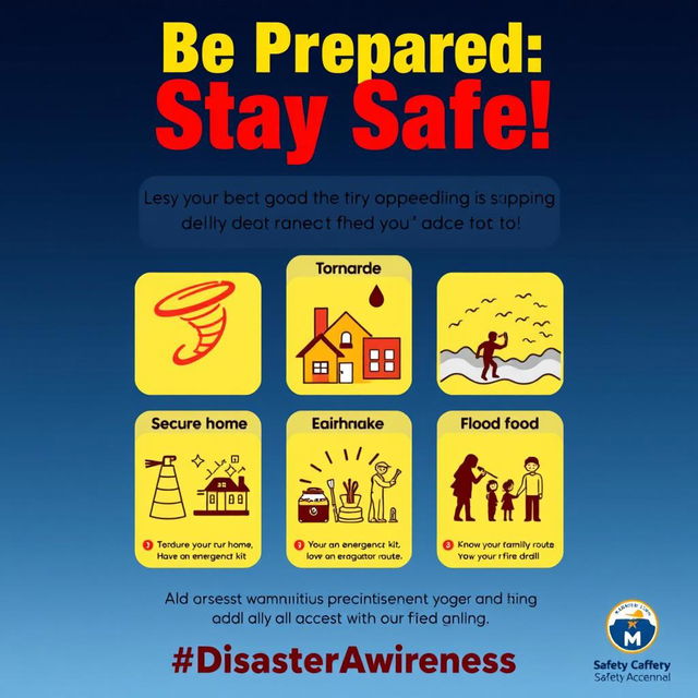 A visually striking poster about disaster awareness, featuring bold, bright colors like red and yellow to capture attention