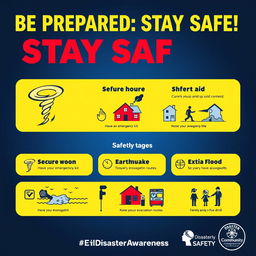 A visually striking poster about disaster awareness, featuring bold, bright colors like red and yellow to capture attention