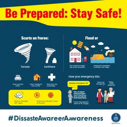 A visually striking poster about disaster awareness, featuring bold, bright colors like red and yellow to capture attention