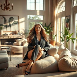 A captivating image of an elegant, mature woman lounging in a luxurious, airy living room, adorned with tasteful decor and large windows letting in warm sunlight