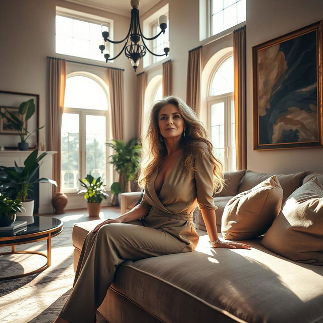 A captivating image of an elegant, mature woman lounging in a luxurious, airy living room, adorned with tasteful decor and large windows letting in warm sunlight