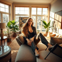 A captivating image of an elegant, mature woman lounging in a luxurious, airy living room, adorned with tasteful decor and large windows letting in warm sunlight