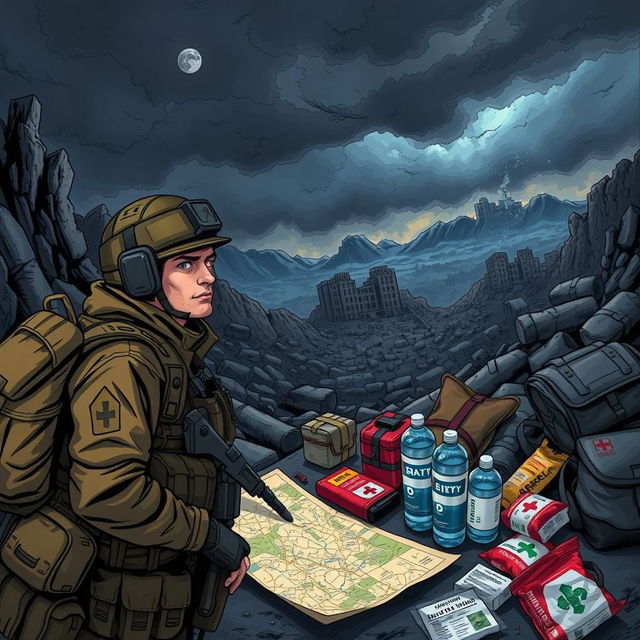 A dramatic and detailed illustration showing a well-equipped disaster preparation scene