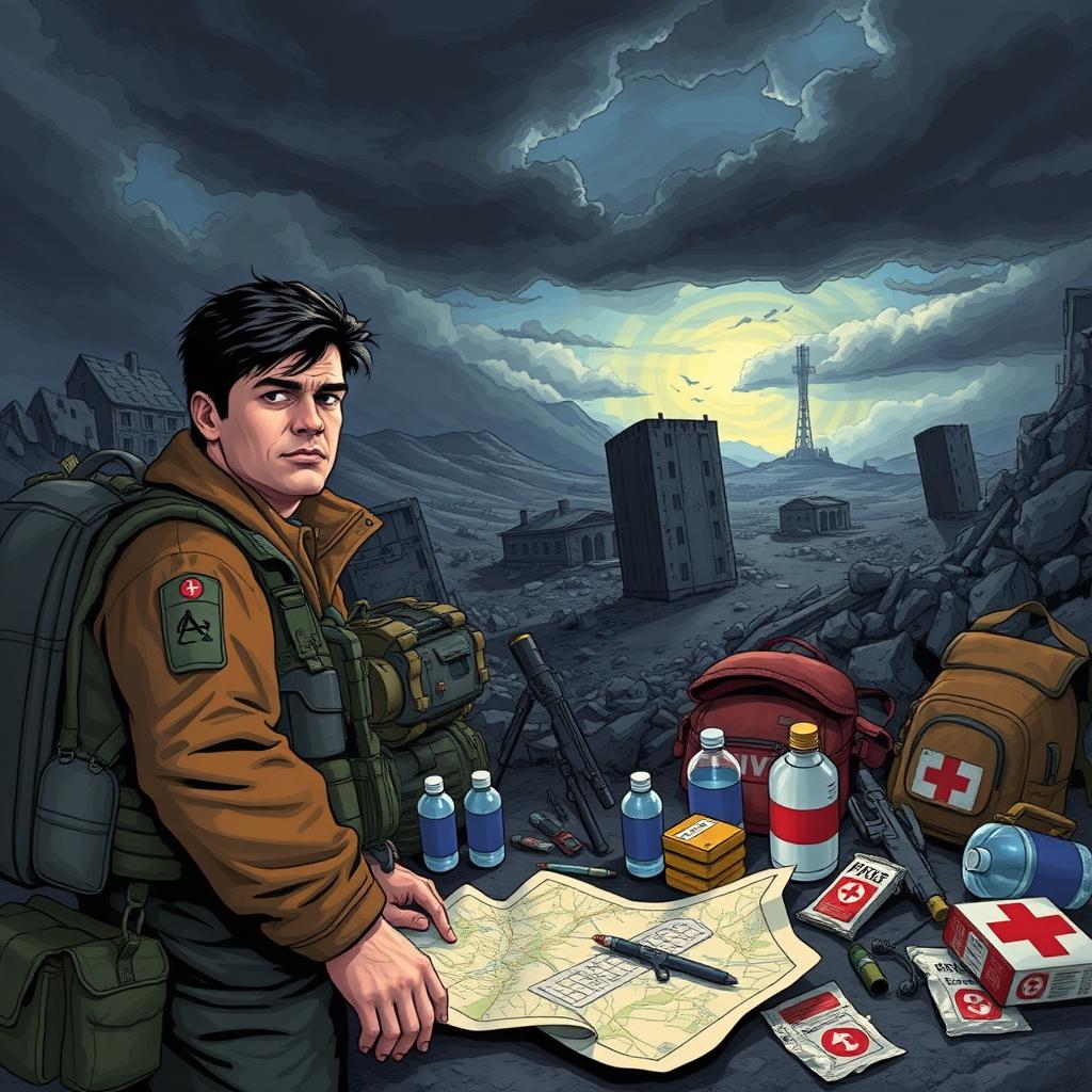 A dramatic and detailed illustration showing a well-equipped disaster preparation scene