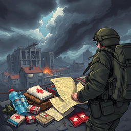 A dramatic and detailed illustration showing a well-equipped disaster preparation scene