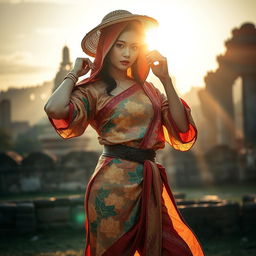 A captivating scene depicting a traditional Ayutthaya thief, showcasing enchanting traditional attire that is both alluring and rich in cultural heritage