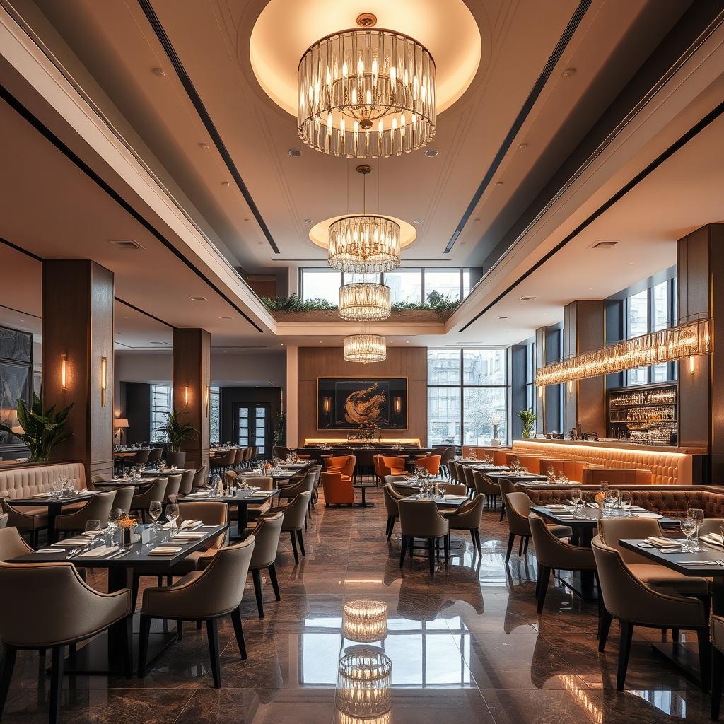 A luxurious modern restaurant interior transformed from a 123 square meter commercial space with no walls