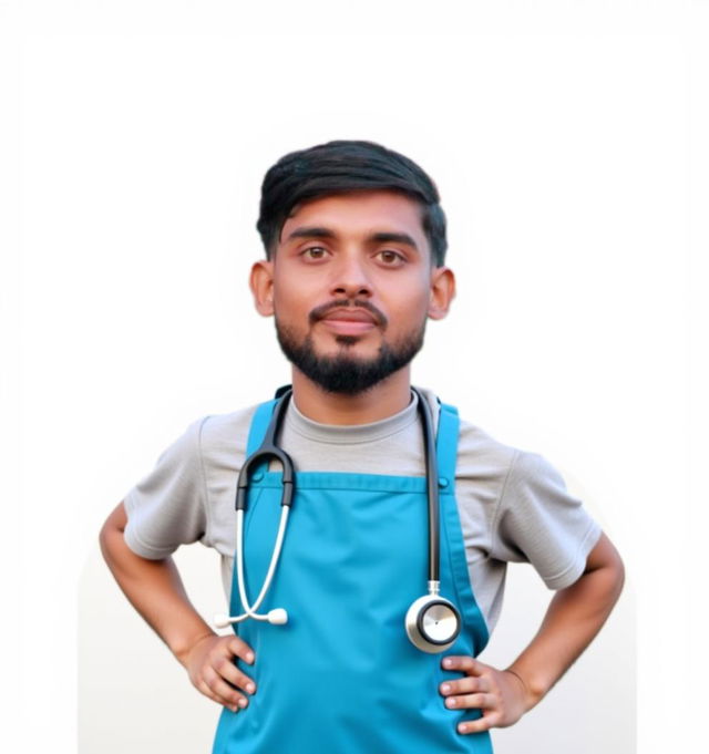 A young man wearing a doctor's white apron, with a stethoscope around his neck