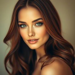 A captivating portrait of a woman with an elegant and charismatic expression, featuring a beautiful face with striking features