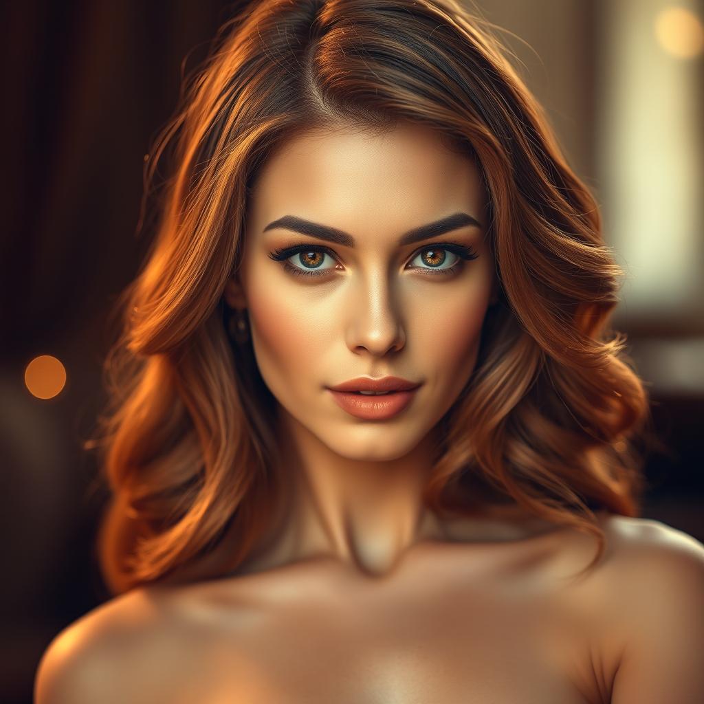 A captivating portrait of a woman with an elegant and charismatic expression, featuring a beautiful face with striking features