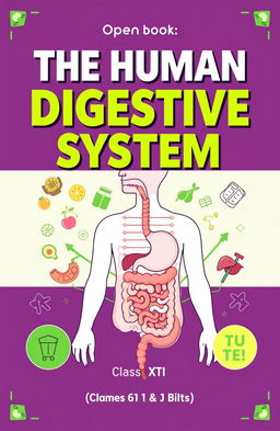 A visually captivating cover for an open book titled 'The Human Digestive System' aimed at Class XI students