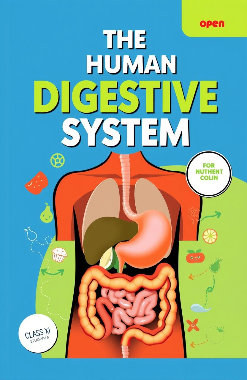 A visually captivating cover for an open book titled 'The Human Digestive System' aimed at Class XI students