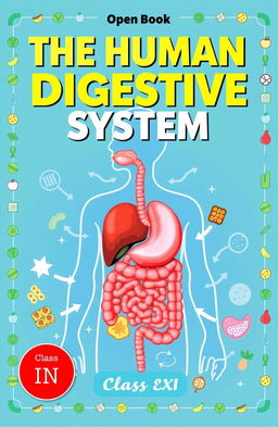 A visually captivating cover for an open book titled 'The Human Digestive System' aimed at Class XI students