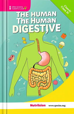 A visually captivating cover for an open book titled 'The Human Digestive System' aimed at Class XI students