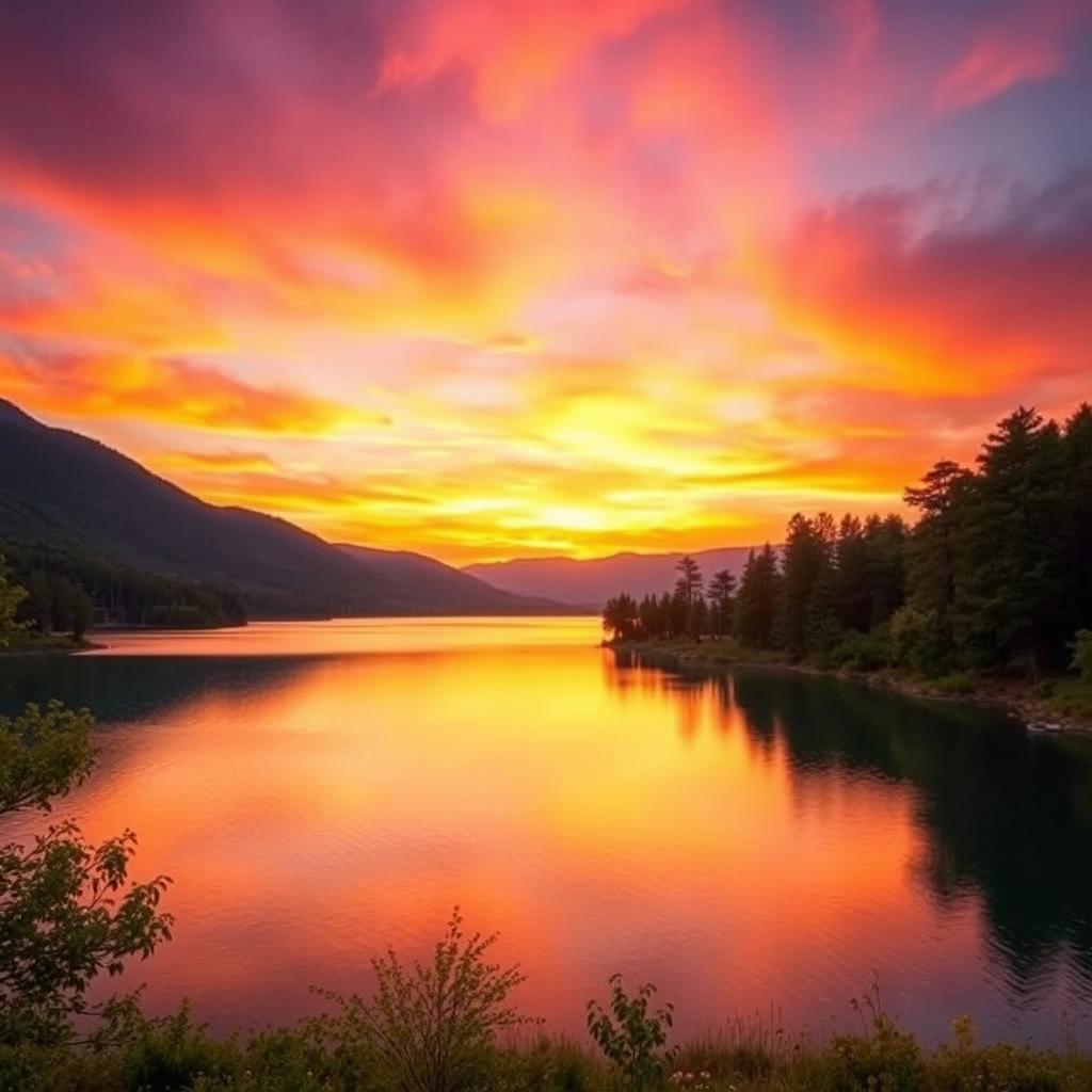 An image without any text, featuring a serene landscape during sunset