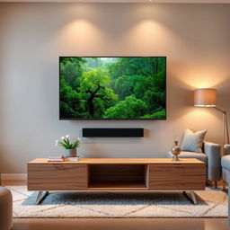 A modern living room scene featuring a sleek, flat-screen TV mounted above a stylish wooden TV table