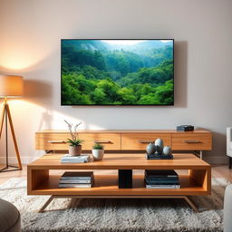 A modern living room scene featuring a sleek, flat-screen TV mounted above a stylish wooden TV table