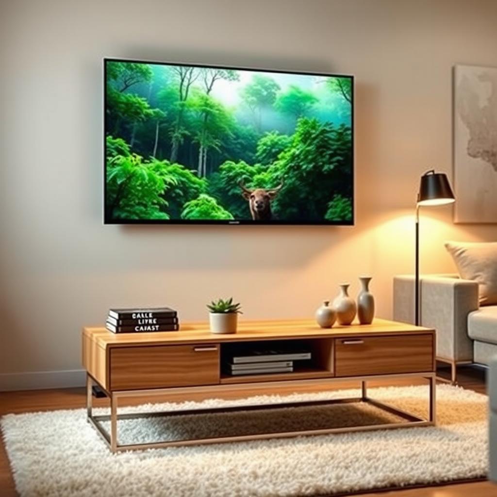A modern living room scene featuring a sleek, flat-screen TV mounted above a stylish wooden TV table