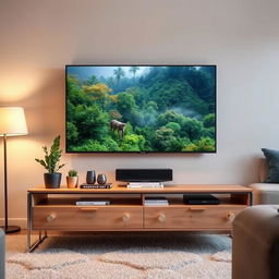 A modern living room scene featuring a sleek, flat-screen TV mounted above a stylish wooden TV table