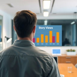 A man viewed from behind, facing a simple chart or graph displaying statistics related to story views