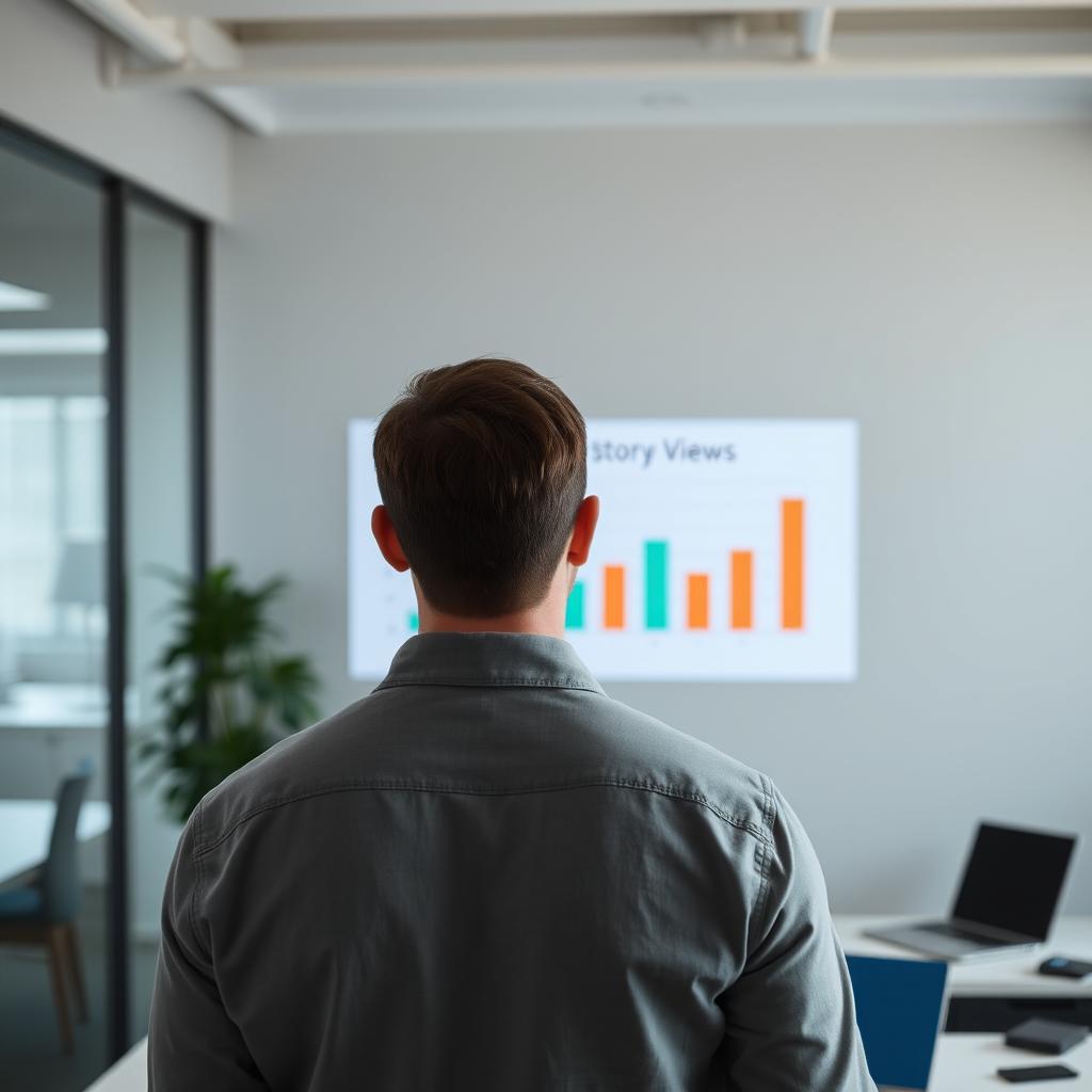 A man viewed from behind, facing a simple chart or graph displaying statistics related to story views