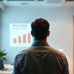 A man viewed from behind, facing a simple chart or graph displaying statistics related to story views
