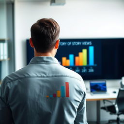 A man viewed from behind, facing a simple chart or graph displaying statistics related to story views