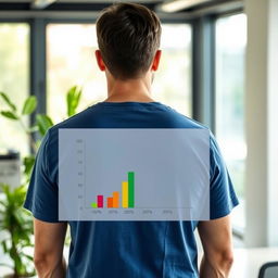 A man standing with his back to us, looking at a simple graph or statistics of story views displayed in front of him