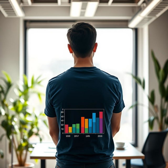 A man standing with his back to us, looking at a simple graph or statistics of story views displayed in front of him