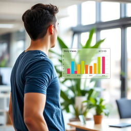 A man standing with his back to us, looking at a simple graph or statistics of story views displayed in front of him