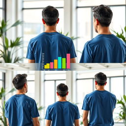 Create images of the same scene featuring a man standing with his back to us, viewing a simple graph or statistics of story views in front of him, but from various angles
