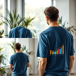 Create images of the same scene featuring a man standing with his back to us, viewing a simple graph or statistics of story views in front of him, but from various angles