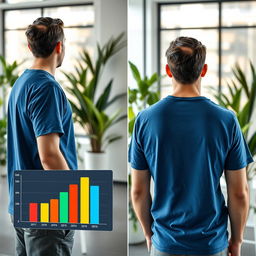 Create images of the same scene featuring a man standing with his back to us, viewing a simple graph or statistics of story views in front of him, but from various angles