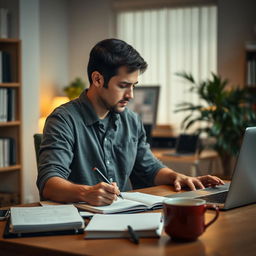 A portrait-style image in a 9:16 aspect ratio featuring a man sitting at his desk, jotting down notes